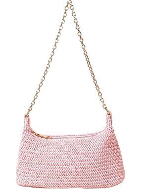 Women's Pink Straw Woven Shoulder Bag Tote Handbag Summer Beach Purse Zipper
